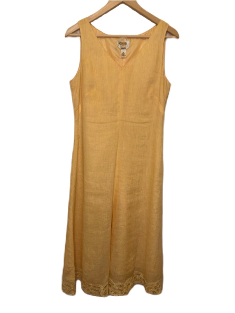 Talbots Irish Linen Butter Yellow V Neck Lined Lace Trim Midi Dress size 10